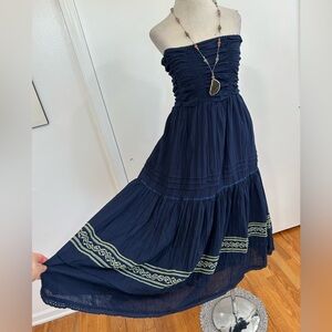 Sold! Free People Smocked Bodice Halter Maxi Dress Tiered Embroidery Bohemian